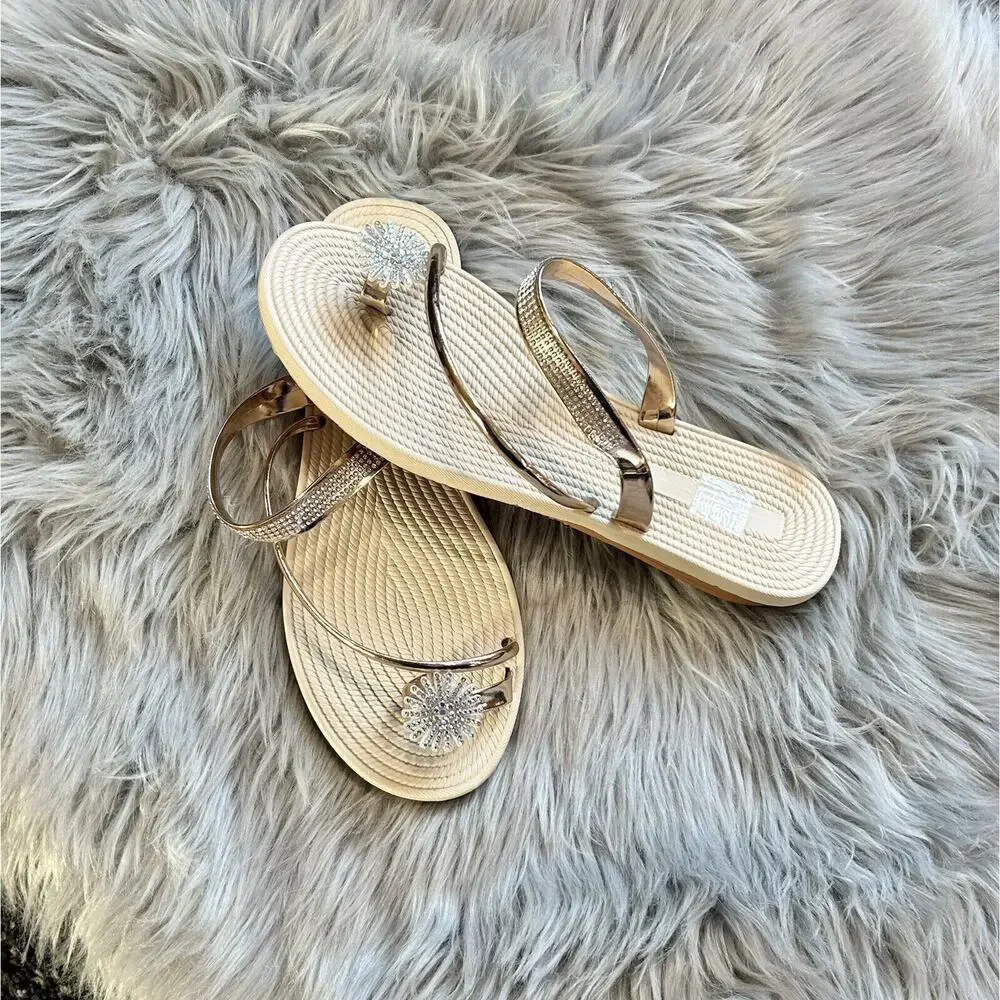 New Rose Goldtone Rhinestone-Embellished Toe-Strap Sandal - Size‎ 42 (US )